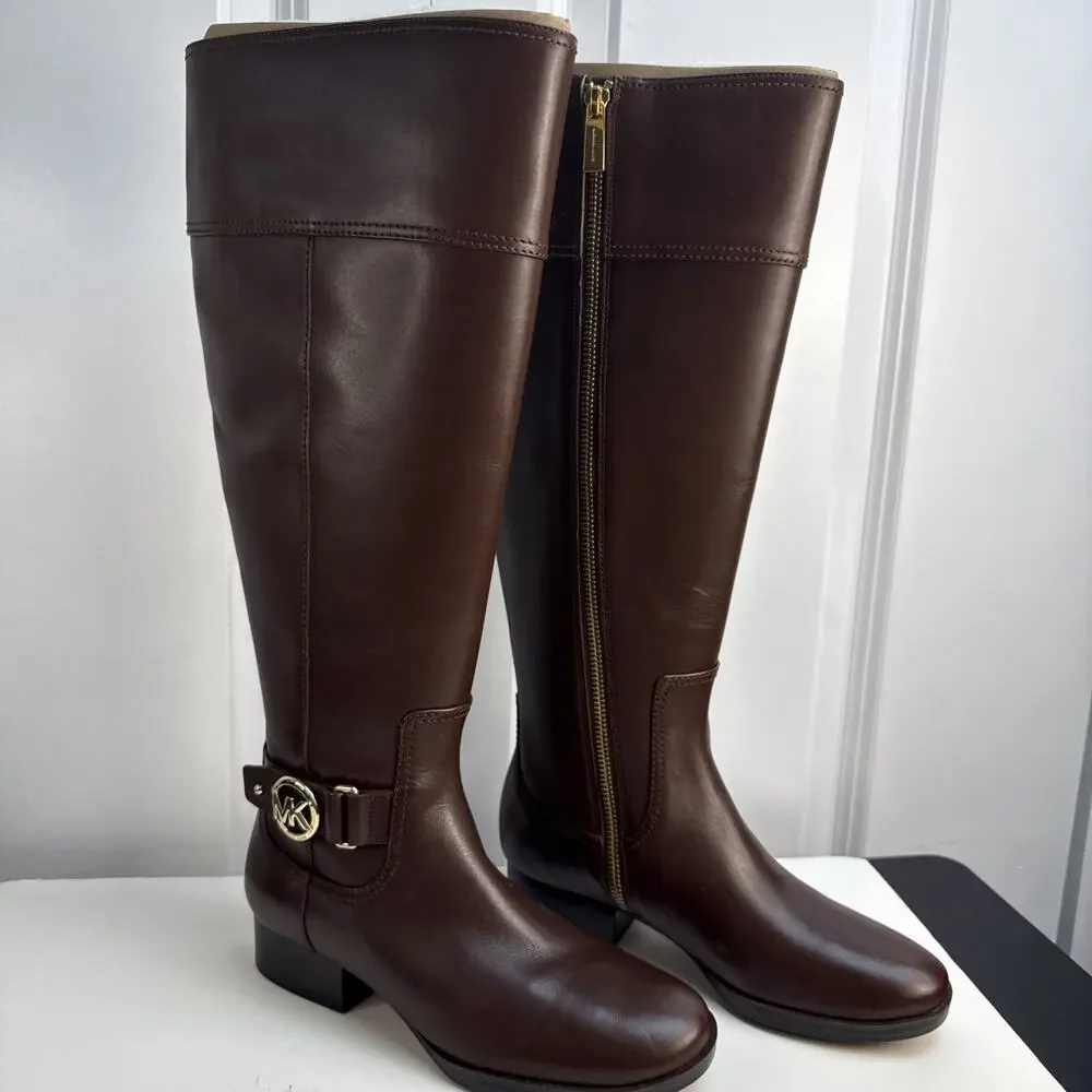 Michael Kors Harland Knee High Riding Boots Brown Leather 5M‎ Wide Calf NWB